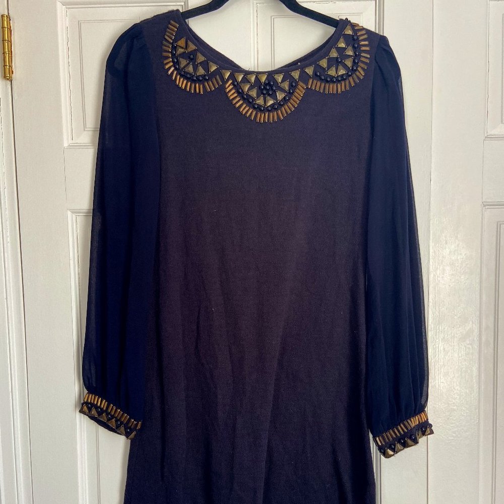 Navy sweater dress with chiffon long sleeves